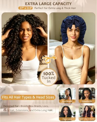 AWAYTR Long Satin Bonnet for Braids - Double Layer Hair Bonnet for Sleeping - Image 2
