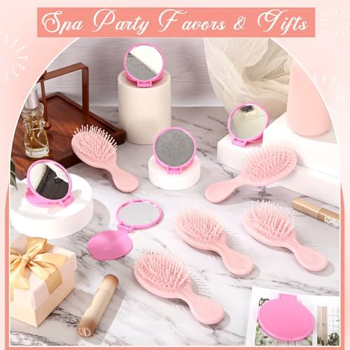 Meanplan 24 Pcs Mini Hair Brush Set 12 Travel Wet Dry Hair Combs Pocket Detangling 12 Compact Folding Makeup Mirrors for Spa Sleepover Birthday Bridal Shower Bachelorette Christmas Party Gift (Pink) - Image 4