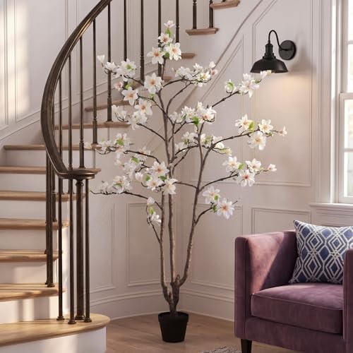 Giegxin 6 FT Tall Artificial Magnolia Tree, 72 Inches Faux Magnolia Trees Realistic UV-Resistant Flower Leaves Plant with Pot for Patio Home Office Wedding Living Room Indoor Outdoor Decor(White) by Giegxin