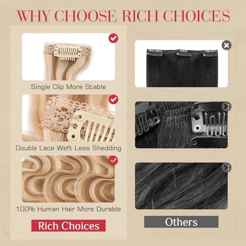 Rich Choices Clip In Hair Extension Real Human Hair-Wave/Curly 6 Pcs Single Clip Hairs Extension for Women-Invisible Mini Clips in Hairpieces-18 Inch #6P613R Light Brown Highlight Bleach Blonde - Image 5