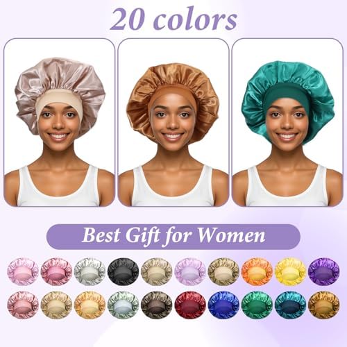 20Pcs Satin Bonnets for Sleeping, Large Silk Hair Bonnet for Women, Wide Band Adjustable Sleep Cap for Curly Braids Dreadlocks Natural Hair (20 Colors) - Image 3