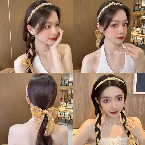 2Pcs+1 Retractable Pocket Headband, Vintage floral Hairband for a variety of hair accessories + Portable Adjustable Hair Hoop with Plastic Storage Bag for Washing Makeup Travel Outdoor-Yellow - Image 4