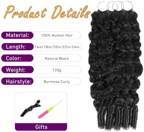 Burmese Curly Crochet Human Hair 24 Inch 120g Human Crochet Hair for Black Women Miracle Knots Hair Pre-Separated Feather Crochet Human Hair Bundles Invisible Hair Extensions Natural Black - Image 3