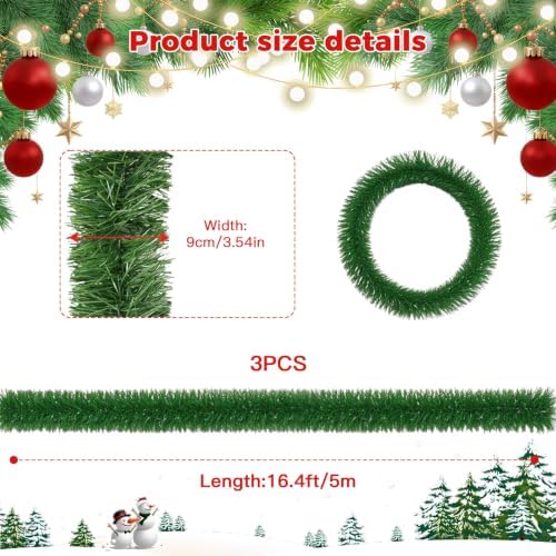 3 Pack Christmas Garlands, 16.4Ft/Piece Christmas Tree Garland, Full Evergreen Pine Garland for Christmas Tree, Fireplace Mantle, Staircase, Front Door, Railing, Indoor & Outdoor Holiday Decor - Image 3