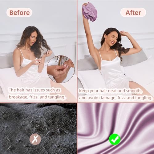 Adjustable Silk Satin Hair Bonnet for Sleeping Women, Double Layer, Silk Hair Wrap for Sleeping Women Men, Curly Natural Braid Straight Unisex - Lavender - Image 4
