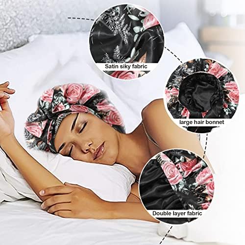 Satin Bonnet Silk Sleep Cap with Stretchy Tie Band for Curly Hair - Silk Hair Wrap (Black Pink Rose + Black) - Image 6