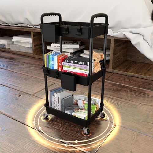 3 Tier Rolling Utility Cart with Handle,REBECAT Utility Cart Made of Multifunctional Storage Organizer Tool for Kitchen,Bathroom,Living Room,Office(Black) - Image 3