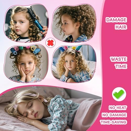 Girls Heatless Curls Overnight, Kids Unicorn Hair Rollers with Hair Clips, Hair Accessories for Little Girls & Teenage & Sister, Birthday Gifts Trendy Stuff - Pink - Image 4