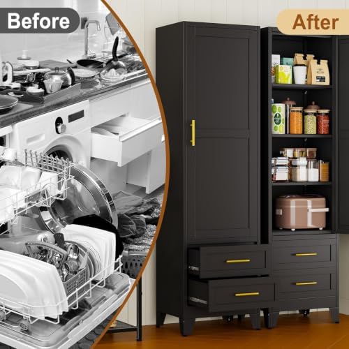 Tall Metal Narrow Storage Cabinet 67" H with 2 Drawer, Black Pantry Cabinets with 3 Adjustable Shelves and Door,Tall Bathroom Cabinet for Kitchen, Home Office, Living Room, Dining Room - Image 7