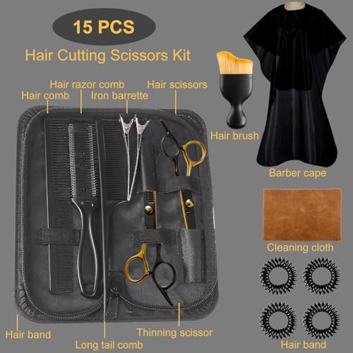 15 pcs Hair Cutting Scissors Professional, Thinning Shears for Hair Cutting, Black Gold Stainless Steel Barber Scissors, Lengnoyp Haircut Scissors Hair Cutting Kit for Women, Men - Image 6