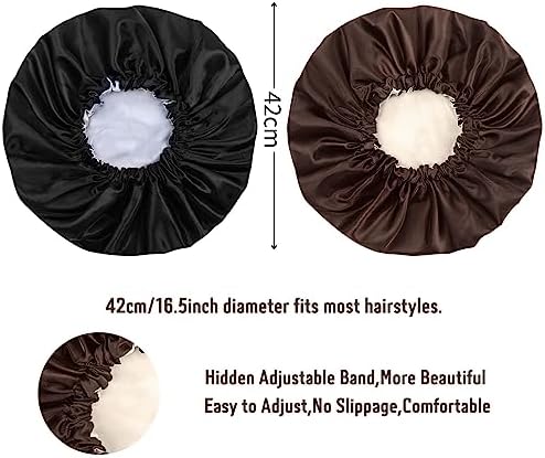 Satin Bonnet Silk Hair Cap: 2pcs Double Layer Reversible Extra Large Jumbo Adjustable Satin Lined Stainless Oversized Bonnets Sleep Night Cap No Slip-Off for Women Braids Sleeping (Black+Coffee) - Image 3