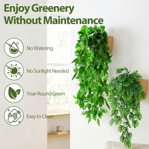Daifunli 12 Pcs Artificial Hanging Plants Fake Hanging Ferns Plastic Fake Plant for Wall Room Garden Garland Indoor Outdoor Decor No Basket (Monstera Vine,Ivy Vine) - Image 4