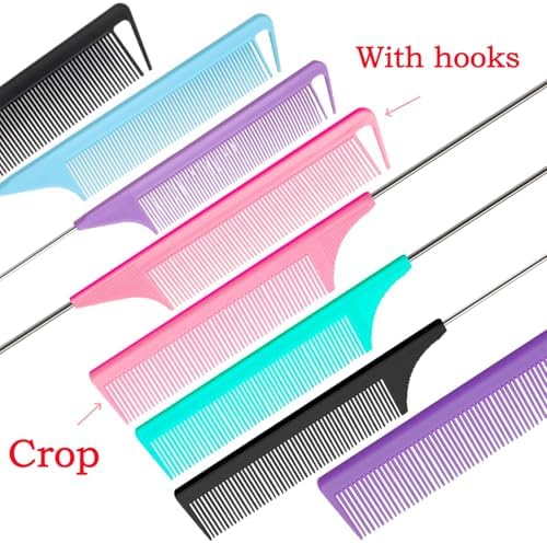 8pcs Rat Tail Combs Set,Long Steel Pin Teasing Combs for Salon Hair Stylists,2 styles and multiple colorsb of Metal Parting Combs for Women,Hair Teasing Fine Tooth Comb Aigee - Image 2