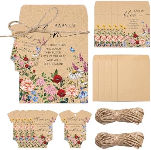 JarThenaAMCS 100Pcs Baby Shower Seed Packets Spring Wildflower Self Adhesive Kraft Envelopes with Thank You Tags Baby in Bloom Seed Storage Pockets for Garden Party Favors Supplies by JarThenaAMCS