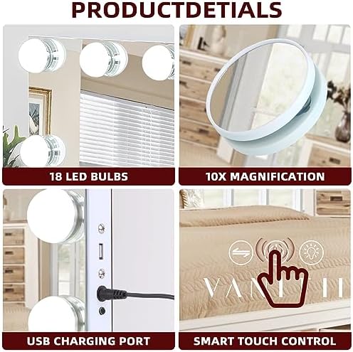 VANITII Hollywood Vanity Mirror with Lights 22.8" *31.5" USB Charging Light up Makeup Mirror with 18 LED Dimmable Bulbs 3 Color Lights Bedroom Cosmetic Mirror for Table and Wall - Image 3