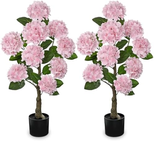 3FT Pink Hydrangea Artificial Flowers Tree Large Real Touch Faux Silk Hydrangea Plants Potted Fake Flower in Black Pot for Home Indoor Outdoor Front Porch Garden Entrance Living Room Decor, 2 Pack by Hollyone
