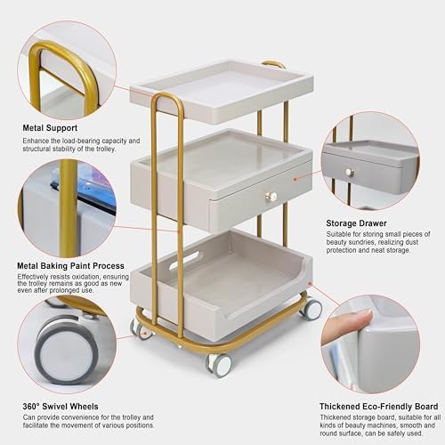 Elitzia 3-Tier Beauty Rolling Cart with Drawer for Salon SPA Grey - Image 4