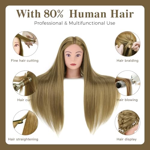 28" Mannequin Head Human Hair, 80% Real Hair Mannequin Head, Cosmetology Manikin Doll Head for Hair Styling Set #27, Training Practice Braiding Head with Table Clamp Suitable for Hair Extensions - Image 2