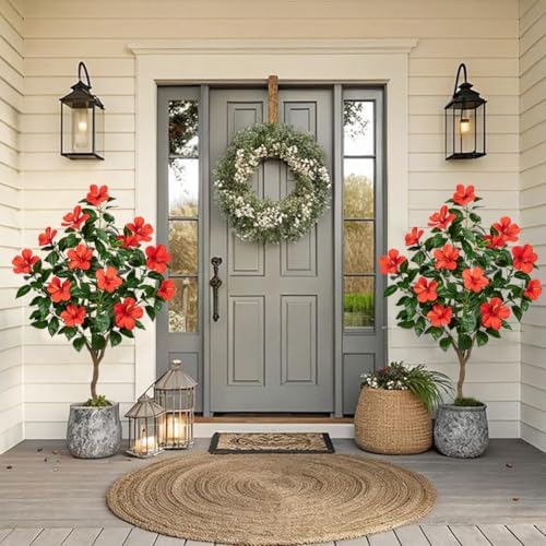 Briful 49.6" Artificial Hibiscus Trees 2 Pack, Faux Tropical Plants, Red - Image 2
