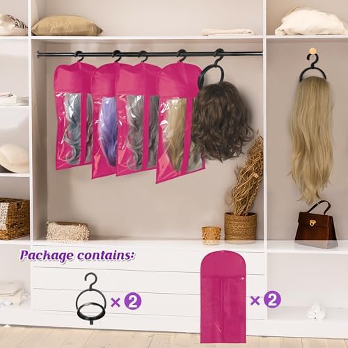 KOLLIEE 2 Pcs Wig Bags Storage with Wig Hanger Dust-proof for Multiple Wigs Hanging Storage Bags Organizer Foldable Easy Carry Suitable for Home Travel Hair Salon Rose - Image 5