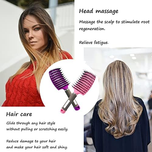 2PCS Curved Vented Hair Brush Boar Bristle Hair Brushes Paddle Detangling Brush Professional Styling Hairbrushes Detangler for Women/Men/Kids Wet Dry Thick Curly Straight Hair (Pink+Purple) - Image 3
