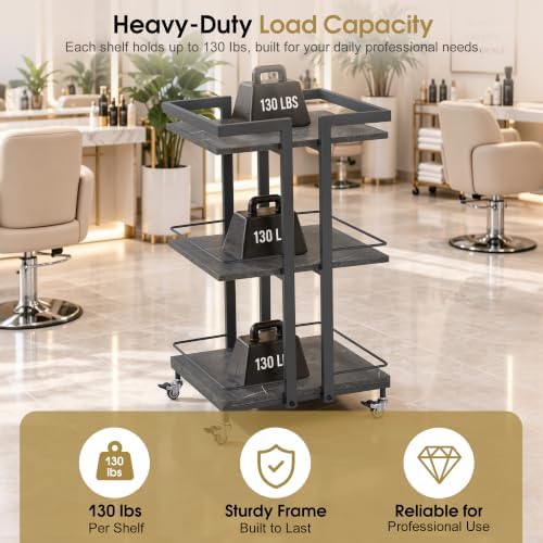 BarberPub 3-Tier Metal Rolling Salon Trolley Cart on Wheels, Grey 2033 - Image 5