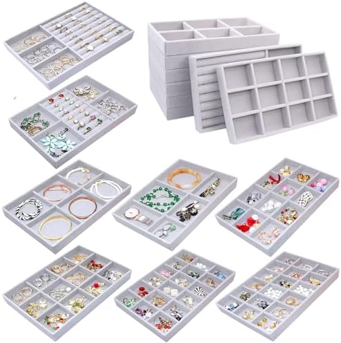 Set of 8 Stackable Jewelry Organizer X-Large Velvet Jewellry Trays Jewelryy Drawer Inserts, Earring Ring Brooch Necklace Bracelet Watch Display Plate with Removable Dividers by MINIBIGBOX