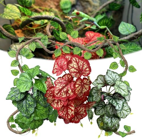 5 Pc Reptile Plants & Habitat Decor Kit - 3 Artificial Plants & Large 3.3ft Jungle Vine Branch, Amphibian Habitat Hideout Decor Accessories for Crested Gecko, Bearded Dragon, Lizard, Snake,Hermit Crab by FuntinshdyBrand