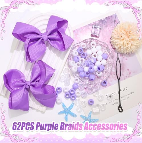 NAISKA 62PCS Purple Beads for Hair Braids 4.7inch Hair Bows Clips Round Dreadlock Beads Braids Clips with Bow 2 Styles Loc Accessories for Kids Girls - Image 2