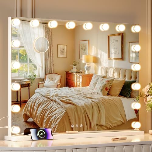 ZL ZELing Vanity Mirror Makeup Mirror with Lights,31.49" x 23.62"Large Tabletop Light up Mirror with 18Bulbs,10X Magnification,USB Charging Port,3 Color Touch Control Dimmable Lights. by ZLZELing