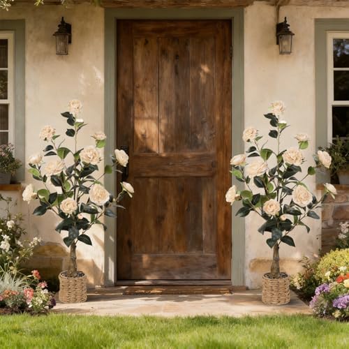 2Pack Artificial Camellia Tree, 3Ft Faux Yellow Camellia Plant in Pot, Fake Outdoor Tree Camellia Flower Tree for Home Office Living Room Floor Indoor Decor - Image 2