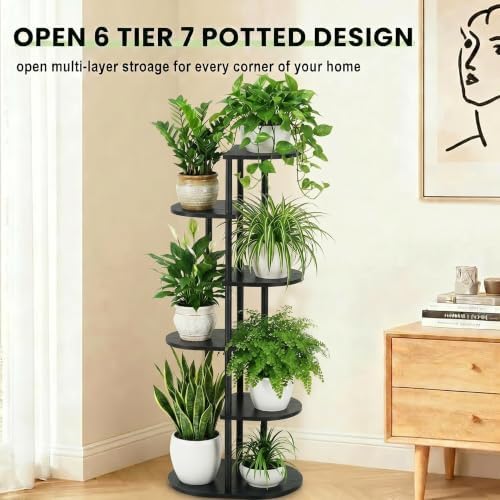 Tiered Plant Stand Indoor, Tall 6 Tier 7 Potted Wooden Plant Shelf for Multiple Flower Plants, Multi Corner Metal Plant Holder Indoor for Patio Garden Patent Design Living Room Balcony Bedroom, Black - Image 5