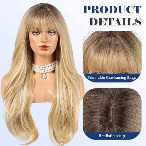HAIRCUBE Long Blonde Wig with Bangs Layered Curly Wigs for Women Natural Synthetic Wigs for Daily Use (pelucas de cabello natural) - Image 2