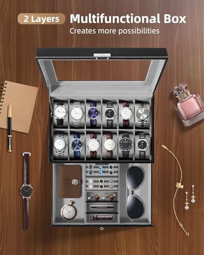Uten Watch Box 12 Slots, PU Leather Watch Display Case with Jewelry Drawer - Image 2