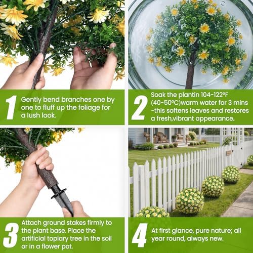 Artificial Yellow Boxwood Topiary Ball Tree with Ground Spike, Set of 2 Fake Fall Boxwood Bushes Shrubs Outdoor, UV Resistant Faux Greenery Trees Ball for Outdoor Front Porch Garden Decor - Image 7
