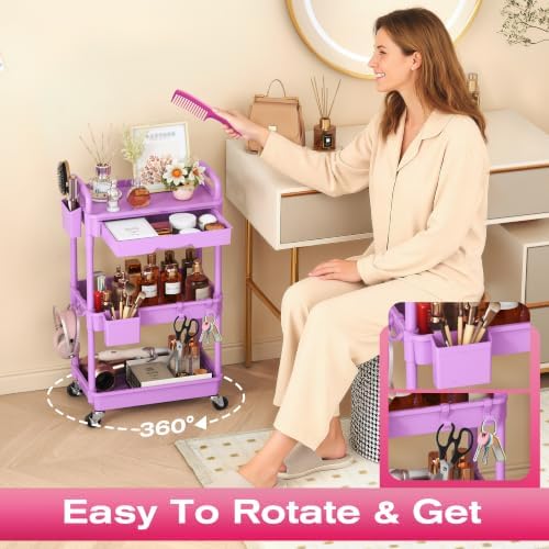 Goovilla Rolling Makeup Organizer Cart with Removable Drawer, 3 Tier Purple - Image 5