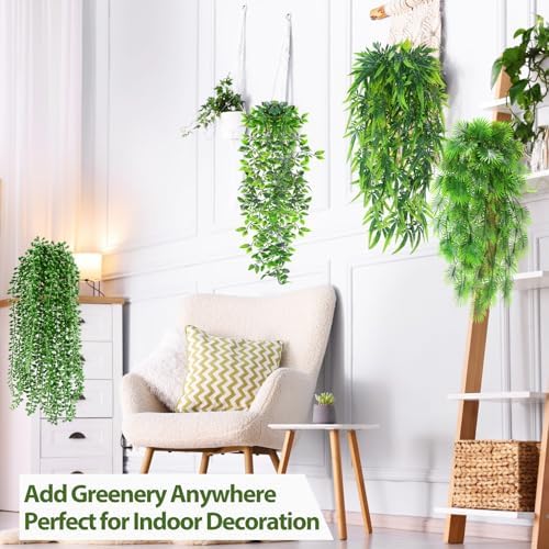 Daifunli 12 Pcs Artificial Hanging Plants Fake Hanging Ferns Plastic Fake Plant for Wall Room Garden Garland Indoor Outdoor Decor No Basket (Palm,Mandala,String of Pearls,Maple Leaf) - Image 3