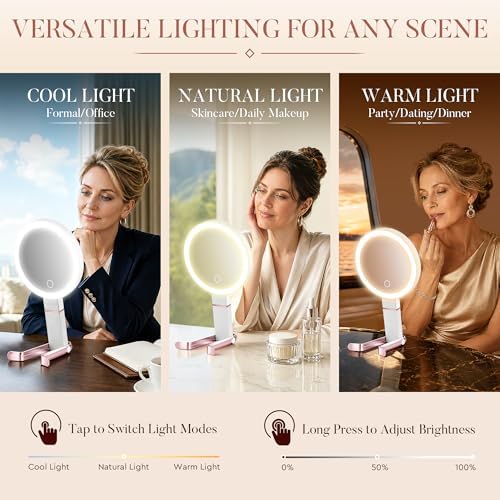 MIYADIVA Travel Makeup Mirror with Lights, Height Adjustable 30X/1X Double-Sided Magnifying Mirror, Portable Vanity Mirror with Digital Display & Phone Holder, Handheld Tabletop Hanging, Rose Gold - Image 5
