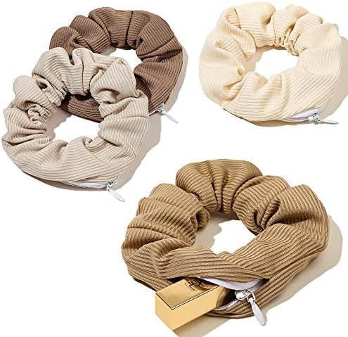 Pocket Scrunchies Hair Ties with Hidden Zipper Scrunchy Ponytail Holder Brown Series by Ivyu