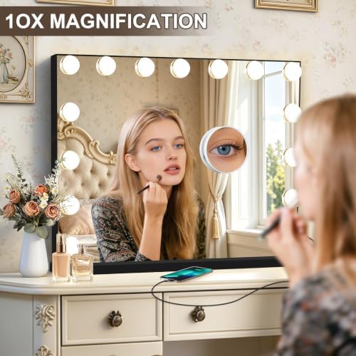 Ratsamee Black Hollywood Vanity Mirror with Lights, 15 Dimmable Bulbs, 3 Color Lights,Make Up Lighted Mirror, Aluminum Metal Frame, USB Charging Port（23" x 18"） - Image 6