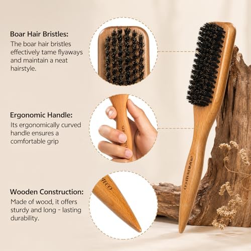 SAMEBUTECO 6pc Slick Back Hair Brush Set, Boar Bristle Wood Handle, 2 Topsy Tails, Edge Comb, Teasing Tool & Fine Tooth Pin Tail Comb for Sleek Ponytail, Braid Styling, Flyaways Control - Pink - Image 3