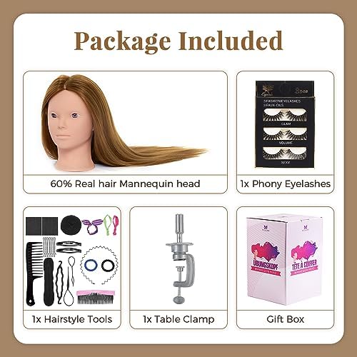 Mannequin Head with 80% Real Human hair- 28" Hair Mannequin Heads for Make up, Braiding Hairdressing Doll Head for Styling with Table Clamp + DIY Hair Styling Set - Image 5