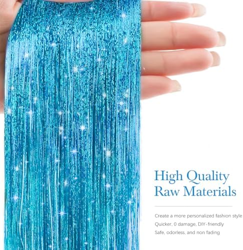 Hair Tinsel 8 Packs 1600 Strands 50 Inch Tinsel Hair Extensions Lake Blue Heat Resistant Glitter Sparkling Shinny Fairy Hair Accessories for Women(Lake Blue, 50Inch) - Image 2