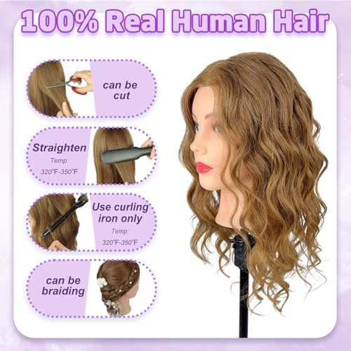 Mannequin Head Human Hair - Cosmetology Manikin Doll Head with 100% Real Hair for Hairdresser Practice Styling Braiding & Free Clamp Holder (Light Brown) - Image 2