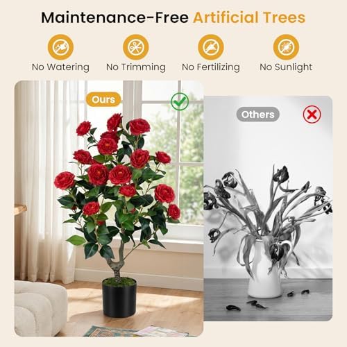 Goplus 35.5’’ Artificial Camellia Tree, Flower Plants Artificial Tree - Image 6