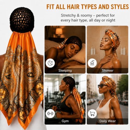 2 in 1 Wrap Cap Hair Net and Scarf for Silk Press, Satin Wrap Cap Bonnet for Women, Adjustable Stay-On Sleep Hair Net Scarf for All Hair Types - Image 5