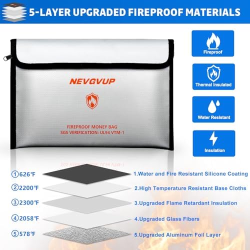 Fireproof Money Bag 4200°F - Heat Insulated, 9.8 x 6.5" Small Fireproof Document Bags with Waterproof Zipper, Fire proof Bag with Reflective Strip and Fireproofs Edeging, Fire Pouch Set for Valuables - Image 3