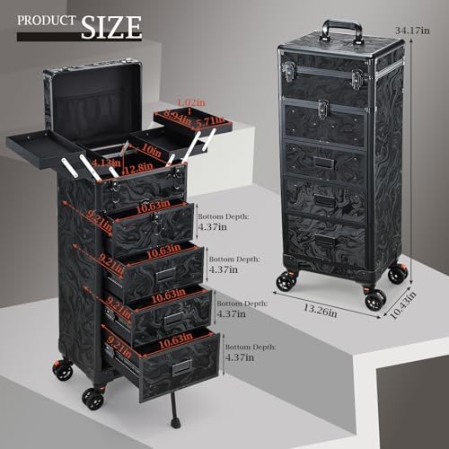 Stagiant Rolling Makeup Case with Drawers Cosmetology Case on Wheels 5 IN 1 Makeup Case 4 Drawers with Foot Stand Spring-release Mechanism Rolling Make Up Organizer for Artist Salon Nail Teach Trunk - Image 5