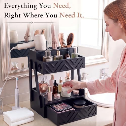 Hair Tool Organizer with Drawer 2 Tier Bathroom Countertop Organizer, Black - Image 3