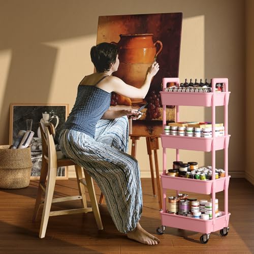 Pipishell 4 Tier Rolling Cart with Handle & Wheels for Storage, Pink - Image 7